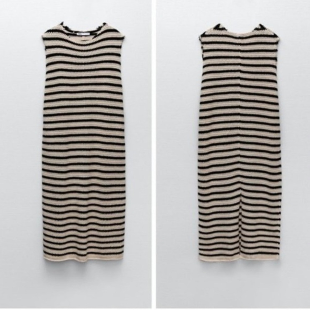 Zara Black and Cream Striped Sleeveless Midi Dress